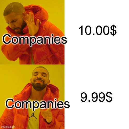 Ah yes the one cent off | 10.00$; Companies; 9.99$; Companies | image tagged in memes,drake hotline bling | made w/ Imgflip meme maker