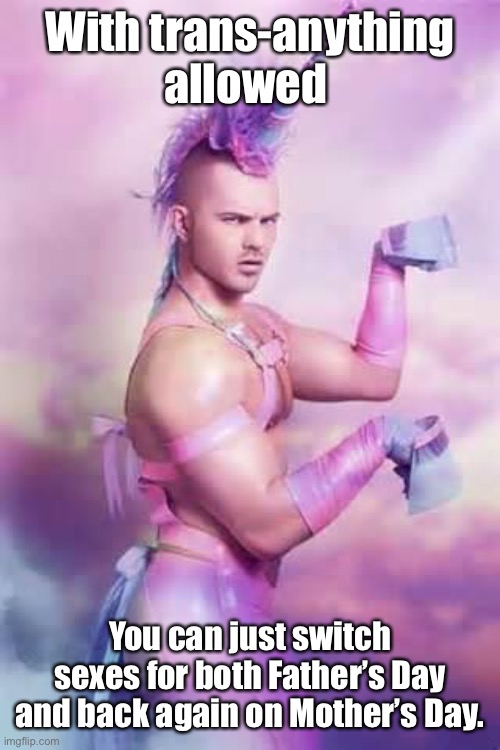 Gay Unicorn | With trans-anything allowed You can just switch sexes for both Father’s Day and back again on Mother’s Day. | image tagged in gay unicorn | made w/ Imgflip meme maker