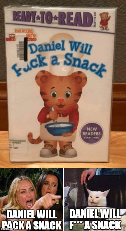 DANIEL WILL PACK A SNACK; DANIEL WILL F*** A SNACK | image tagged in smudge the cat,memes,books,woman yelling at cat | made w/ Imgflip meme maker