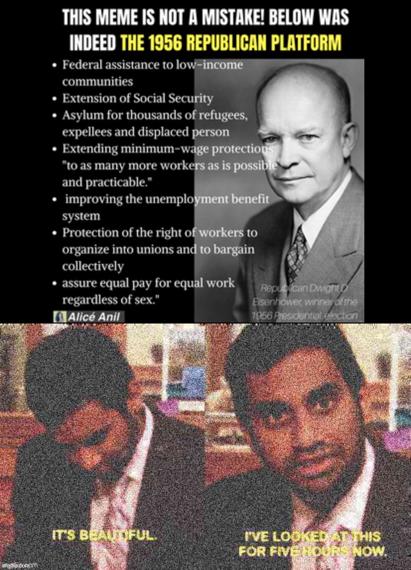 image tagged in 1956 republican platform dwight eisenhower,it s beautiful i ve looked at this for five hours now deep-fried | made w/ Imgflip meme maker