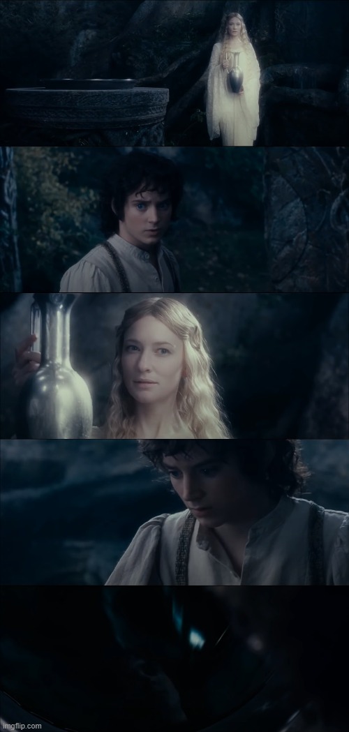 Will You Look Into The Mirror Template | image tagged in lotr,lord of the rings,frodo,galadriel,mirror,the lord of the rings | made w/ Imgflip meme maker