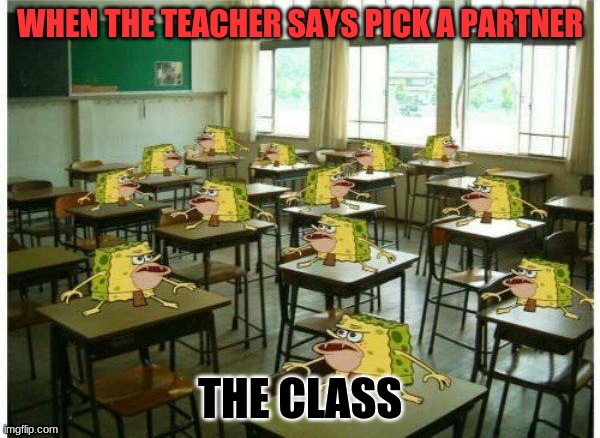 It's true! | WHEN THE TEACHER SAYS PICK A PARTNER; THE CLASS | image tagged in memes,spongebob | made w/ Imgflip meme maker