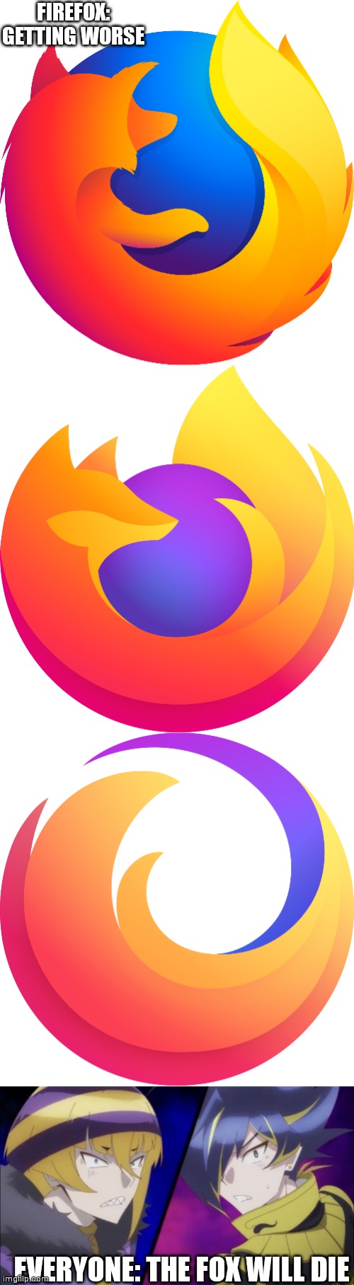 firefox getting worse | FIREFOX: GETTING WORSE; EVERYONE: THE FOX WILL DIE | image tagged in firefox,evolution | made w/ Imgflip meme maker