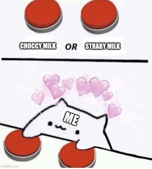 Cat pressing two buttons | STRABY MILK CHOCCY MILK ME | image tagged in cat pressing two buttons | made w/ Imgflip meme maker