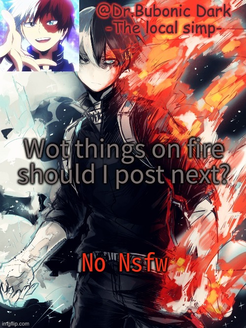 Wot things on fire should I post next? No Nsfw | image tagged in bubonics 4th todoroki temp ye | made w/ Imgflip meme maker