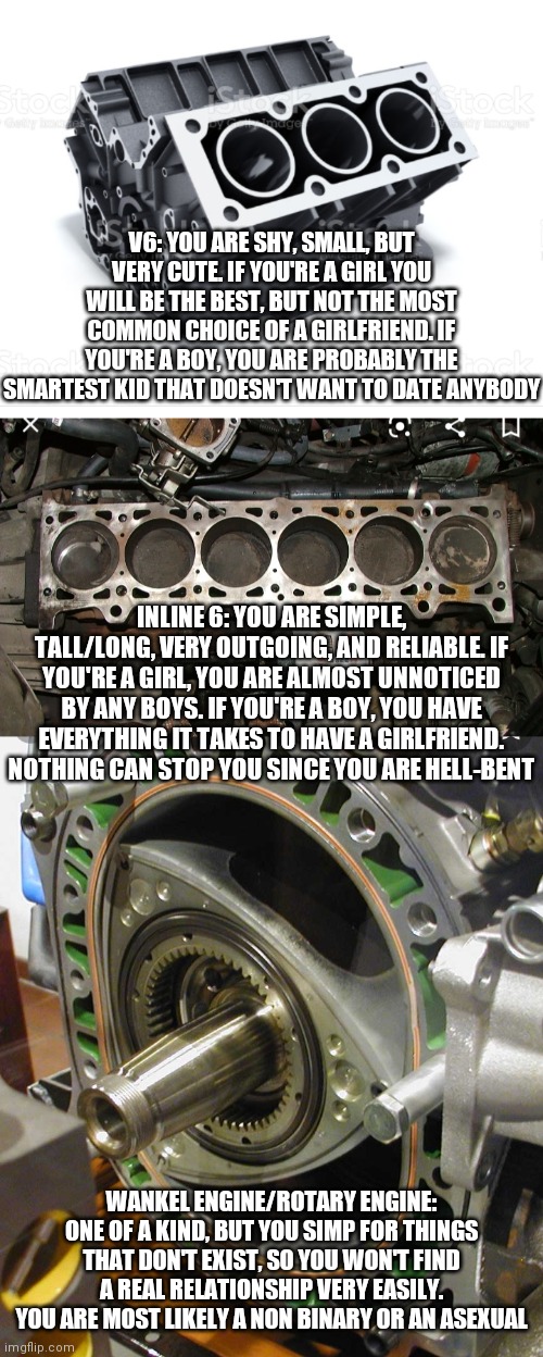 I match very well to an inline 6 | V6: YOU ARE SHY, SMALL, BUT VERY CUTE. IF YOU'RE A GIRL YOU WILL BE THE BEST, BUT NOT THE MOST COMMON CHOICE OF A GIRLFRIEND. IF YOU'RE A BOY, YOU ARE PROBABLY THE SMARTEST KID THAT DOESN'T WANT TO DATE ANYBODY; INLINE 6: YOU ARE SIMPLE, TALL/LONG, VERY OUTGOING, AND RELIABLE. IF YOU'RE A GIRL, YOU ARE ALMOST UNNOTICED BY ANY BOYS. IF YOU'RE A BOY, YOU HAVE EVERYTHING IT TAKES TO HAVE A GIRLFRIEND. NOTHING CAN STOP YOU SINCE YOU ARE HELL-BENT; WANKEL ENGINE/ROTARY ENGINE: ONE OF A KIND, BUT YOU SIMP FOR THINGS THAT DON'T EXIST, SO YOU WON'T FIND A REAL RELATIONSHIP VERY EASILY. YOU ARE MOST LIKELY A NON BINARY OR AN ASEXUAL | image tagged in engine,personality | made w/ Imgflip meme maker