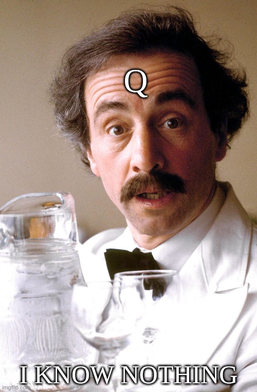 Que; Q; I know nothing | Q; I KNOW NOTHING | image tagged in manuel,fawlty,q,que,movement | made w/ Imgflip meme maker