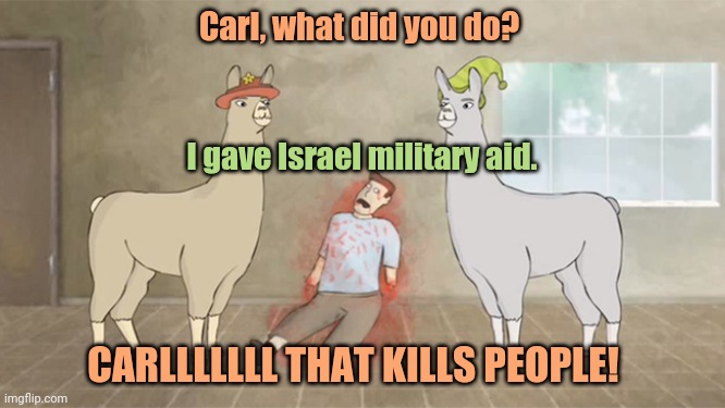 Llamas with hats dead guy | Carl, what did you do? I gave Israel military aid. CARLLLLLLL THAT KILLS PEOPLE! | image tagged in llamas with hats dead guy | made w/ Imgflip meme maker