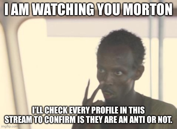 i am totally watching. | I AM WATCHING YOU MORTON; I’LL CHECK EVERY PROFILE IN THIS STREAM TO CONFIRM IS THEY ARE AN ANTI OR NOT. | image tagged in memes,i'm the captain now | made w/ Imgflip meme maker