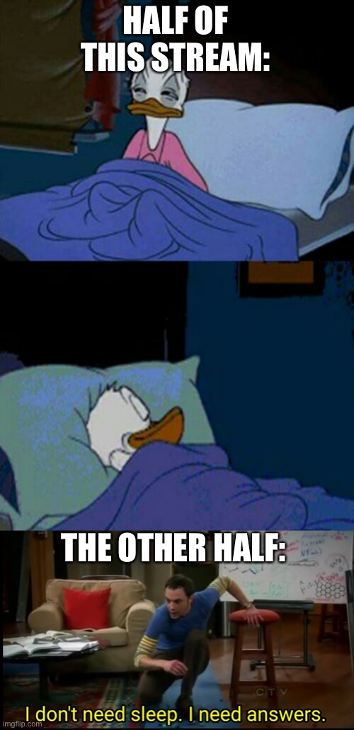 HALF OF THIS STREAM:; THE OTHER HALF: | image tagged in sleepy donald duck in bed,i don t need sleep i need answers | made w/ Imgflip meme maker