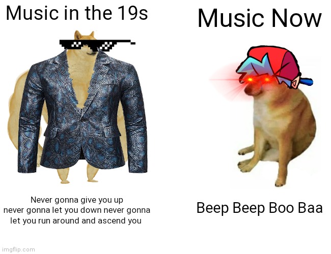 Hot Meme | Music in the 19s; Music Now; Never gonna give you up never gonna let you down never gonna let you run around and ascend you; Beep Beep Boo Baa | image tagged in memes,buff doge vs cheems | made w/ Imgflip meme maker
