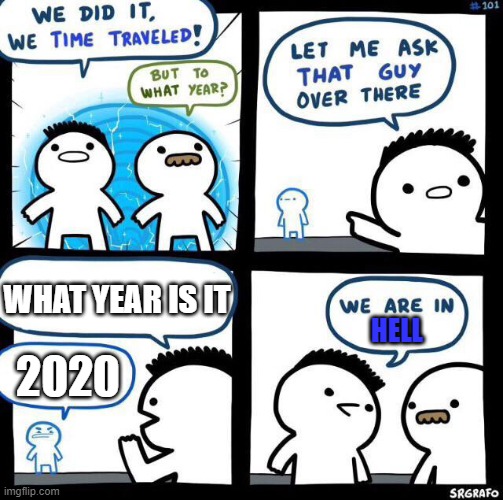 We did it we time traveled | WHAT YEAR IS IT; HELL; 2020 | image tagged in we did it we time traveled | made w/ Imgflip meme maker