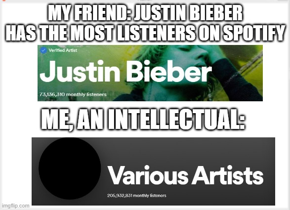 Me, an intellectual | MY FRIEND: JUSTIN BIEBER HAS THE MOST LISTENERS ON SPOTIFY; ME, AN INTELLECTUAL: | image tagged in infinite iq,spotify,memes,justin bieber,meme,funny memes | made w/ Imgflip meme maker