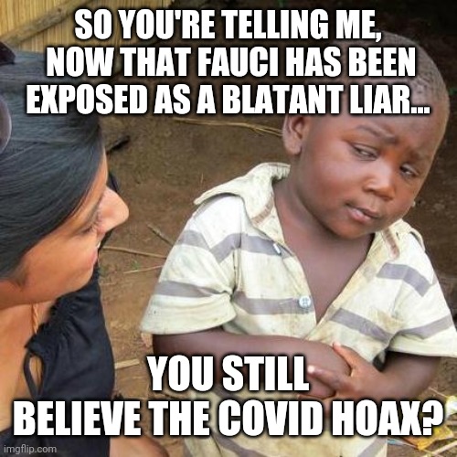 Politics and stuff | SO YOU'RE TELLING ME,  NOW THAT FAUCI HAS BEEN EXPOSED AS A BLATANT LIAR... YOU STILL BELIEVE THE COVID HOAX? | image tagged in memes,third world skeptical kid | made w/ Imgflip meme maker