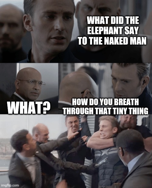 Captain america elevator | WHAT DID THE ELEPHANT SAY TO THE NAKED MAN; WHAT? HOW DO YOU BREATH THROUGH THAT TINY THING | image tagged in captain america elevator | made w/ Imgflip meme maker