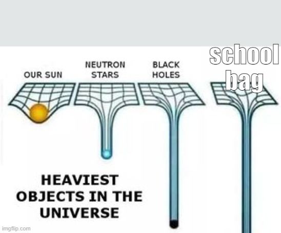 the school bag is heavy af | school bag | image tagged in heaviest objects | made w/ Imgflip meme maker