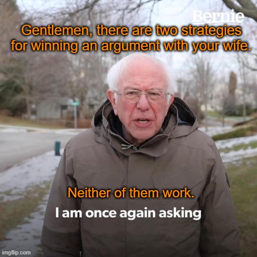 There are two strategies | Gentlemen, there are two strategies for winning an argument with your wife. Neither of them work. | image tagged in memes,bernie i am once again asking for your support | made w/ Imgflip meme maker