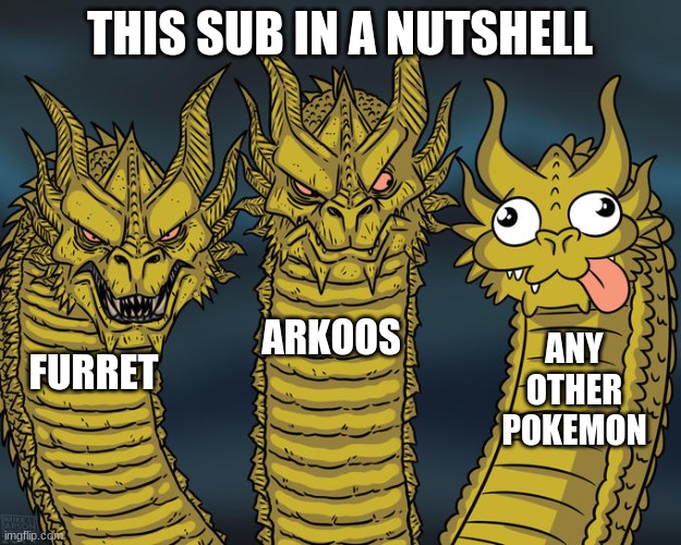 Three-headed Dragon | THIS SUB IN A NUTSHELL; ARKOOS; ANY OTHER POKEMON; FURRET | image tagged in three-headed dragon | made w/ Imgflip meme maker