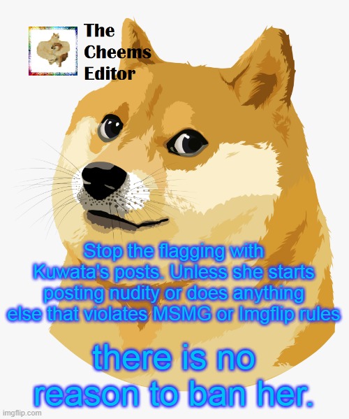 Correction: He/him. Forgot that Kuwata is a boy. | Stop the flagging with Kuwata's posts. Unless she starts posting nudity or does anything else that violates MSMG or Imgflip rules; there is no reason to ban her. | image tagged in thecheemseditor announcement template | made w/ Imgflip meme maker