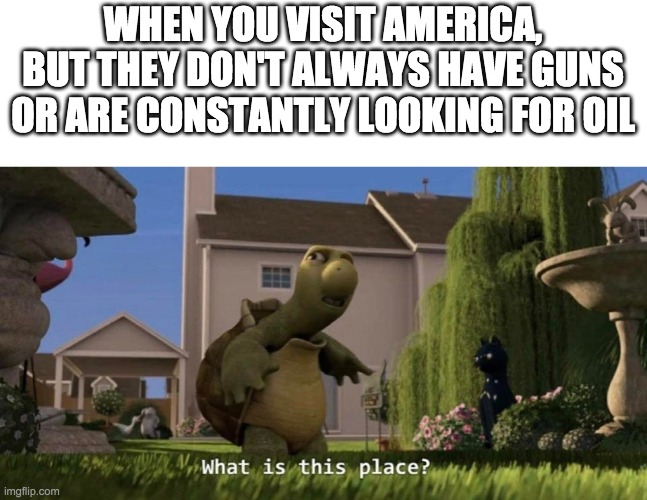 What is this place | WHEN YOU VISIT AMERICA, BUT THEY DON'T ALWAYS HAVE GUNS OR ARE CONSTANTLY LOOKING FOR OIL | image tagged in what is this place | made w/ Imgflip meme maker