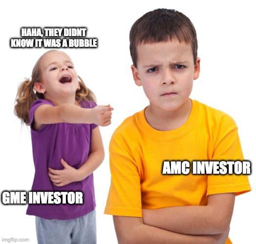 Reddit idiots | HAHA, THEY DIDNT KNOW IT WAS A BUBBLE; AMC INVESTOR; GME INVESTOR | image tagged in reddit investors | made w/ Imgflip meme maker