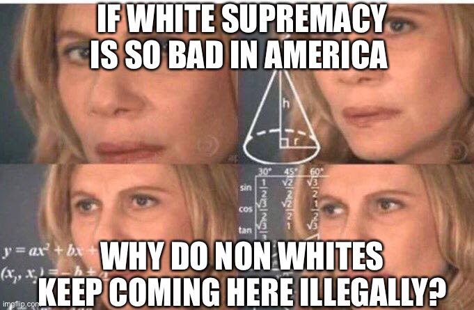 Math lady/Confused lady | IF WHITE SUPREMACY IS SO BAD IN AMERICA WHY DO NON WHITES KEEP COMING HERE ILLEGALLY? | image tagged in math lady/confused lady | made w/ Imgflip meme maker