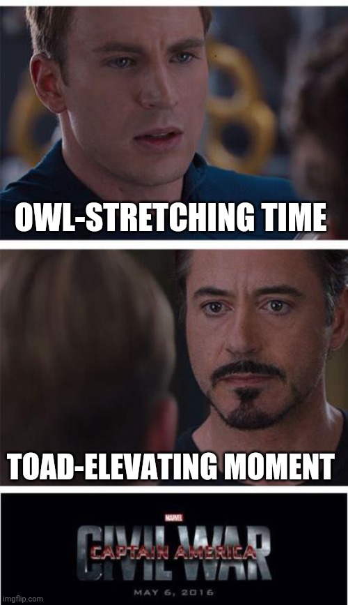 Naming Monty Python's FlyingCircus (a reenactment) | OWL-STRETCHING TIME; TOAD-ELEVATING MOMENT | image tagged in memes,marvel civil war 1,monty python | made w/ Imgflip meme maker