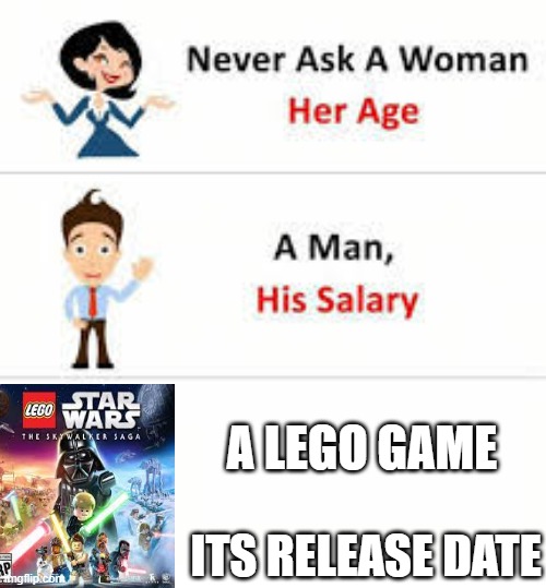 Never ask a woman her age | A LEGO GAME; ITS RELEASE DATE | image tagged in never ask a woman her age | made w/ Imgflip meme maker