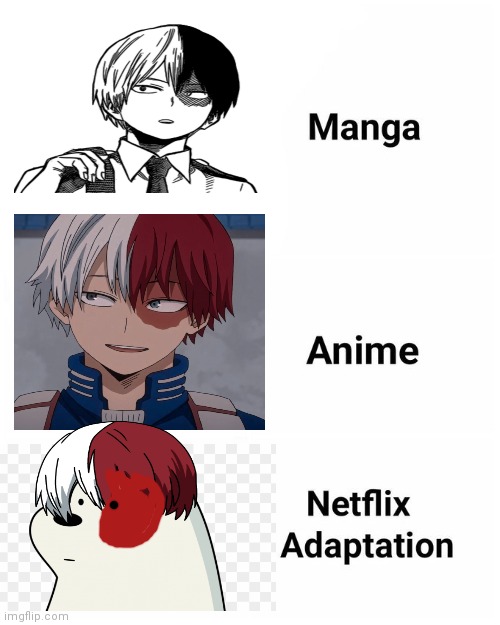 Netflix adaptation | image tagged in netflix adaptation,my hero academia,we bare bears,ice bear | made w/ Imgflip meme maker