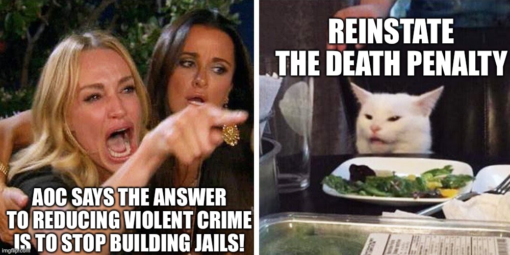 Alexandra Ocasio-Cortez says answer to stopping violent crime is to stop building jails | REINSTATE THE DEATH PENALTY; AOC SAYS THE ANSWER TO REDUCING VIOLENT CRIME IS TO STOP BUILDING JAILS! | image tagged in smudge the cat,aoc,violent crime,stop building jails,death penalty | made w/ Imgflip meme maker