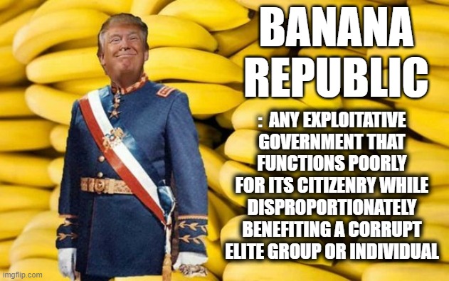 BANANA REPUBLIC | BANANA REPUBLIC; :  ANY EXPLOITATIVE GOVERNMENT THAT FUNCTIONS POORLY FOR ITS CITIZENRY WHILE DISPROPORTIONATELY BENEFITING A CORRUPT ELITE GROUP OR INDIVIDUAL | image tagged in trump,banana republic,corrupt,function poorly,government,exploit | made w/ Imgflip meme maker