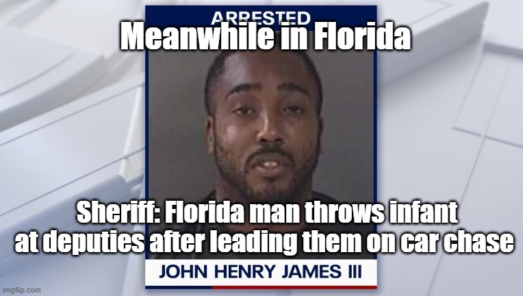 Meanwhile In Florida | Meanwhile in Florida; Sheriff: Florida man throws infant at deputies after leading them on car chase | image tagged in crime,baby toss,smh | made w/ Imgflip meme maker