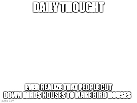 daily thought | DAILY THOUGHT; EVER REALIZE THAT PEOPLE CUT DOWN BIRDS HOUSES TO MAKE BIRD HOUSES | image tagged in blank white template | made w/ Imgflip meme maker
