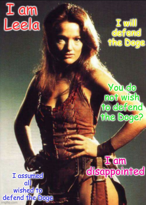 Leela Doctor Who | I am Leela I assumed all wished to defend the Doge You do not wish to defend the Doge? I will defend the Doge I am disappointed | image tagged in leela doctor who | made w/ Imgflip meme maker