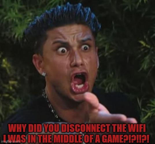 DJ Pauly D | WHY DID YOU DISCONNECT THE WIFI I WAS IN THE MIDDLE OF A GAME?!?!!?! | image tagged in memes,dj pauly d | made w/ Imgflip meme maker