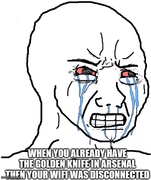 cry wojak | WHEN YOU ALREADY HAVE THE GOLDEN KNIFE IN ARSENAL THEN YOUR WIFI WAS DISCONNECTED | image tagged in cry wojak,roblox,arsenal | made w/ Imgflip meme maker