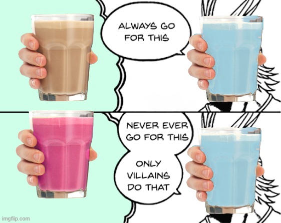 Does this hero(Bluby Milk) really hate Straby Milk? Do they like Choccy Milk? | image tagged in only villains do this | made w/ Imgflip meme maker