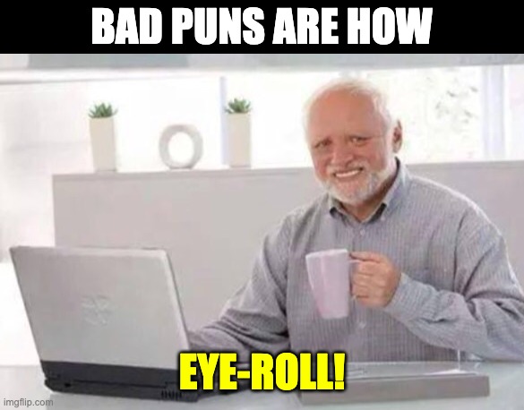 Perfect for the eyeroll stream | BAD PUNS ARE HOW; EYE-ROLL! | image tagged in harold | made w/ Imgflip meme maker