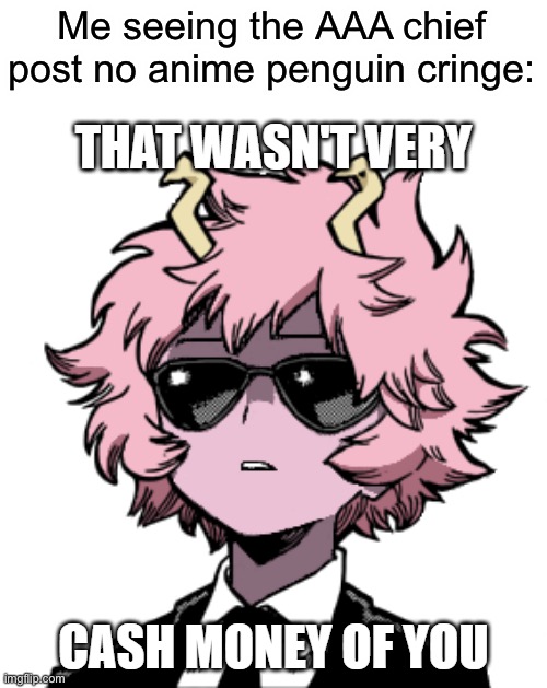 I have remembered my password again and I return! | Me seeing the AAA chief post no anime penguin cringe: | image tagged in mina ashido that wasn't very cash money of you | made w/ Imgflip meme maker