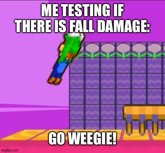 YA-YEET | ME TESTING IF THERE IS FALL DAMAGE:; GO WEEGIE! | image tagged in ya-yeet luigi | made w/ Imgflip meme maker