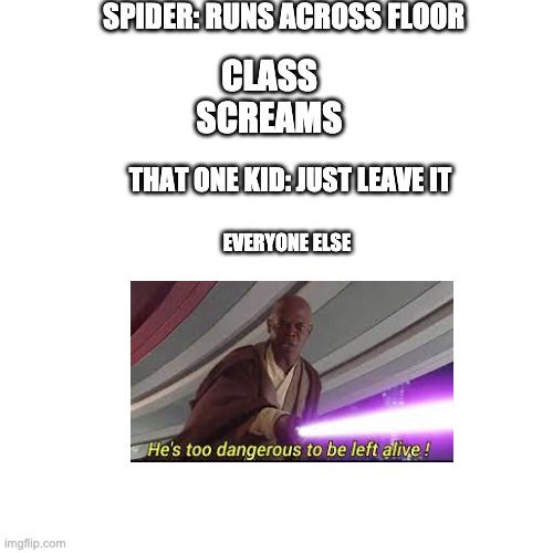 He's too dangerous! | SPIDER: RUNS ACROSS FLOOR; CLASS SCREAMS; THAT ONE KID: JUST LEAVE IT; EVERYONE ELSE | image tagged in memes,blank transparent square | made w/ Imgflip meme maker