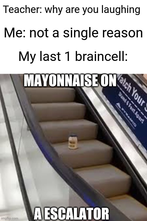 Mayonnaise | Teacher: why are you laughing; Me: not a single reason; My last 1 braincell:; MAYONNAISE ON; A ESCALATOR | image tagged in mayonnaise on a escalator,memes,funny | made w/ Imgflip meme maker