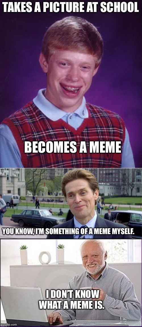 The generations of meme | TAKES A PICTURE AT SCHOOL; BECOMES A MEME; YOU KNOW, I’M SOMETHING OF A MEME MYSELF. I DON’T KNOW WHAT A MEME IS. | image tagged in memes,bad luck brian,you know i m something of a scientist myself,old guy computer | made w/ Imgflip meme maker