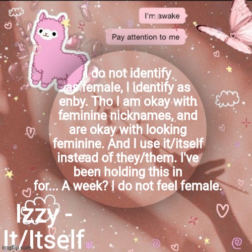 I do not identify as female, I identify as enby. Tho I am okay with feminine nicknames, and are okay with looking feminine. And I use it/itself instead of they/them. I've been holding this in for... A week? I do not feel female. | image tagged in izzy | made w/ Imgflip meme maker