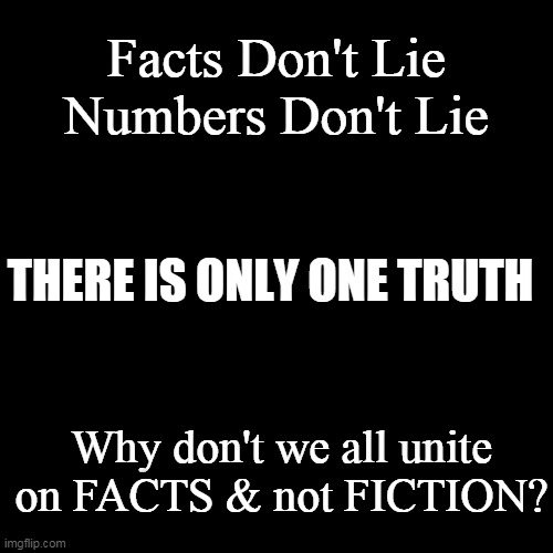 Black Plain Template | Facts Don't Lie
Numbers Don't Lie Why don't we all unite on FACTS & not FICTION? THERE IS ONLY ONE TRUTH | image tagged in black plain template | made w/ Imgflip meme maker