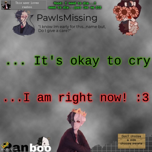 Paw's Ranboo temp | Mood: I need to die...I need to die...just let me DIE; ... It's okay to cry; ...I am right now! :3 | image tagged in paw's ranboo temp | made w/ Imgflip meme maker