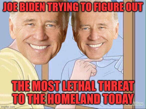 This is too easy... | JOE BIDEN TRYING TO FIGURE OUT THE MOST LETHAL THREAT TO THE HOMELAND TODAY | image tagged in man pointing in mirror,joe biden,threat to our security,domestic terrorist,demented fool,puppet in chief | made w/ Imgflip meme maker