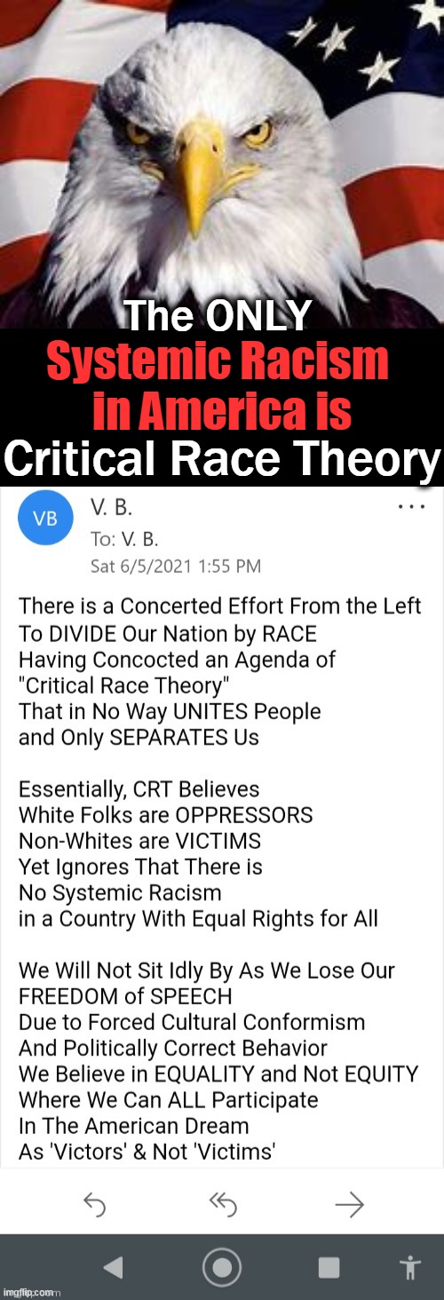 Elevating or Subjugating Any Race Above or Below Other Races Defines Racism | The ONLY; Systemic Racism 
in America is; Critical Race Theory | image tagged in political meme,racism,crt,systemic racism,america,equal rights | made w/ Imgflip meme maker
