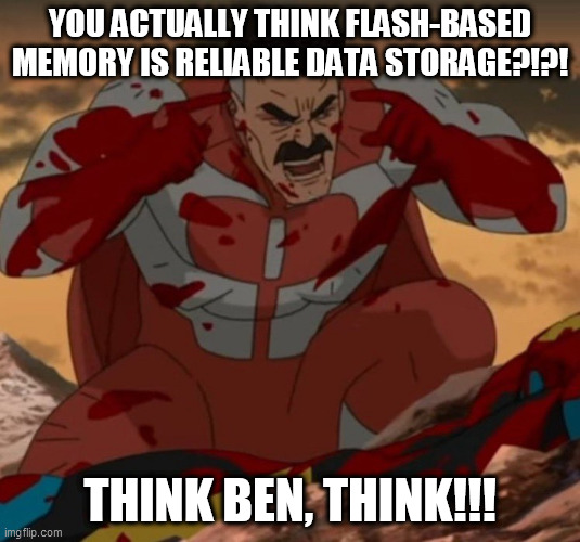 THINK MARK! THINK! | YOU ACTUALLY THINK FLASH-BASED MEMORY IS RELIABLE DATA STORAGE?!?! THINK BEN, THINK!!! | image tagged in think mark think | made w/ Imgflip meme maker