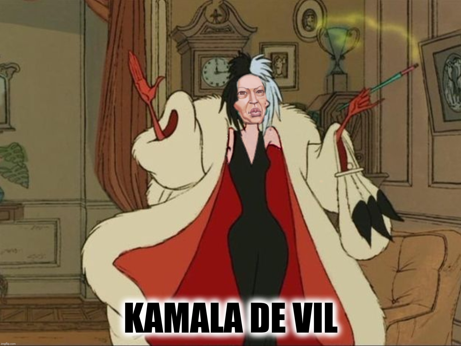 "If she doesn't scare you no evil thing will" | KAMALA DE VIL | image tagged in bad photoshop sunday,kamala harris,cruella de vil,101 dalmations,kamala de vil | made w/ Imgflip meme maker
